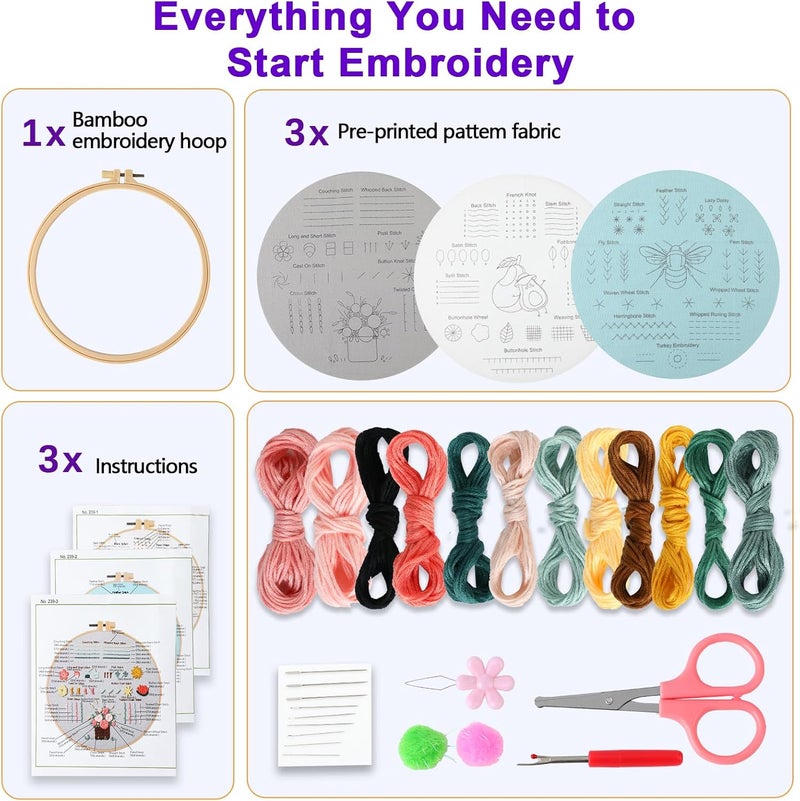JOINRUN Beginner Embroidery Kit for Adults, 3 Pack Cross Stitch Kits with Pre-Printed Patterns, Threads, Needles, Learn Stitches with 7.8" Hoop, Video Tutorial, DIY Needlework Craft Gift for Women - Image 3